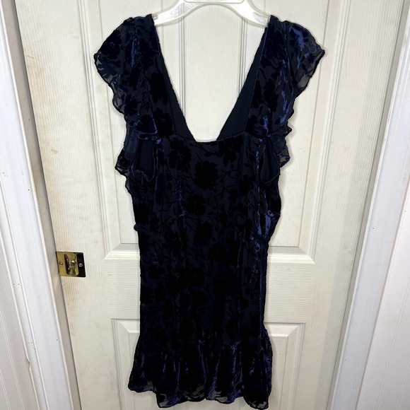 LoveShackFancy Alanis V-Neck Burnout Blue Velvet Ruffle Mini Dress Blue Size 6 - Picture 3 of 9